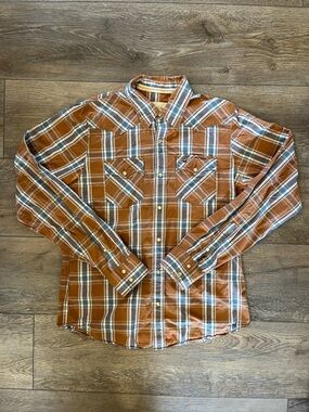 Hollister Y2K Western Plaid Pearl Snap Shirt Brown Cowboy Rodeo Country